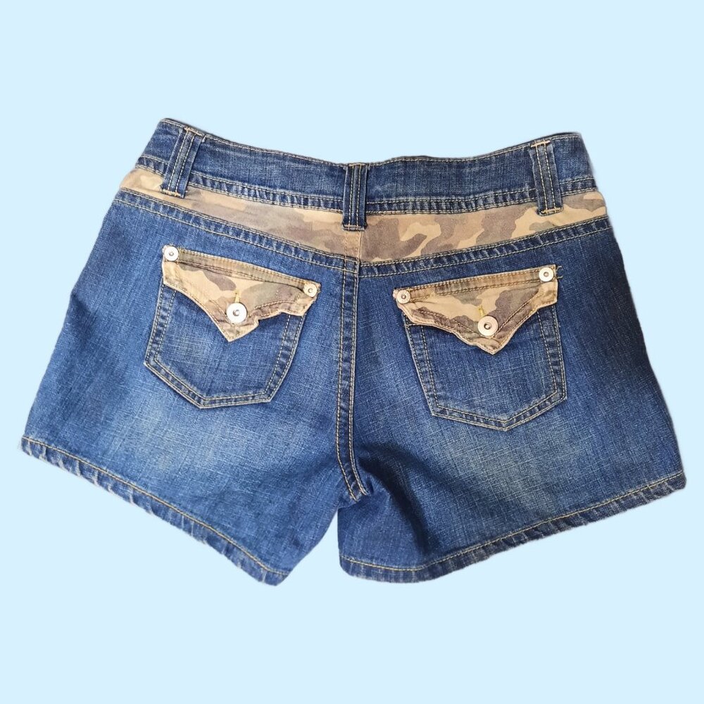 Y2K Mid Rise Denim Shorts M Blue Green Camouflage Flap Pockets Jean Shorts 2000s